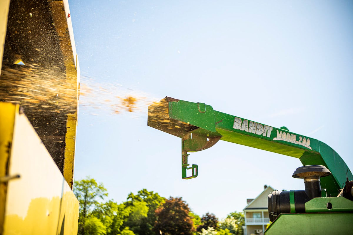 wood chipper sprays woodchips into dump truck